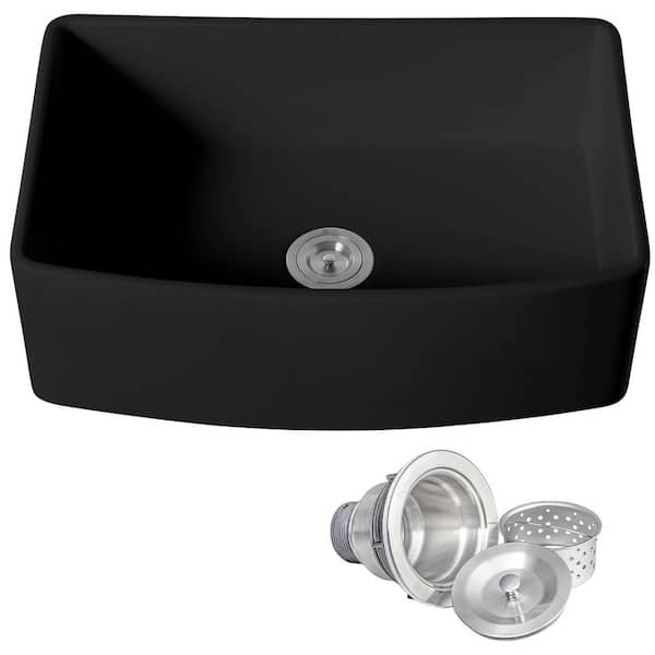 Black Fireclay 30 in. Single Bowl Apron-Front Kitchen Sink with Basket Strainer