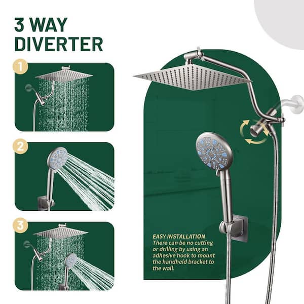 Rainfull 2-in-1 9-Spray Pattern Adjustable Wall Mount Shower Head with Filter 2.5 GPM and Handheld Shower Head in Nickel