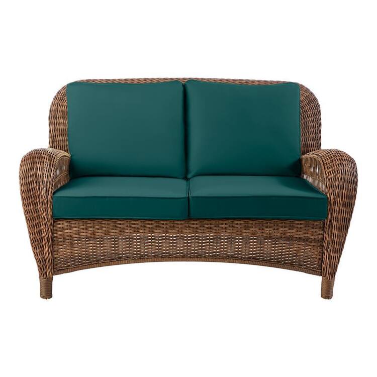 Hampton Bay Beacon Park Brown Wicker Outdoor Patio Loveseat with CushionGuard Malachite Green