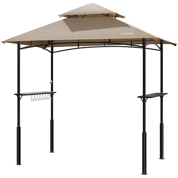 8 ft. W x 5 ft. D Steel Frame Taupe Double Roof BBQ Gazebo Canopy with Hooks and Side Shelves