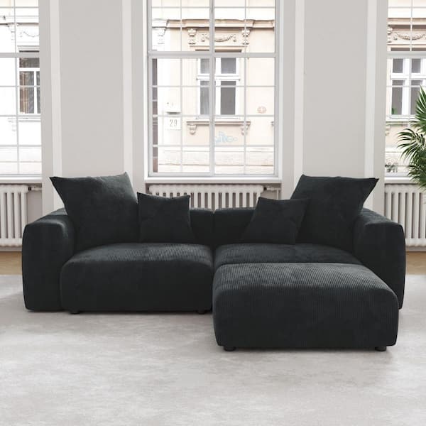 Modern 102 in. Square Arm 3-piece Corduroy Modular Combination Sectional Sofa Large Floor Couch with Ottomans in Black