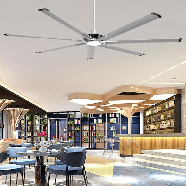 8.4 ft. Indoor/Outdoor Integrated LED Industrial Brushed Nickel Downrod Mount Ceiling Fan with Light and Remote Control