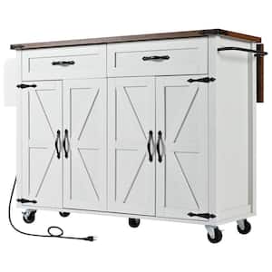 White Wood 53.5 in. W Farmhouse Rolling Kitchen Island Cart with Drop Leaf and Power Outlet