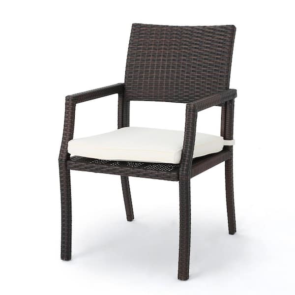 Brown Wicker Outdoor Dining Chair with White Cushion (2-Pack)