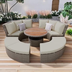 Gray 5-Piece Round Wicker Outdoor Sectional Set, Free Combination Daybed with Liftable Table, Washable Cushions