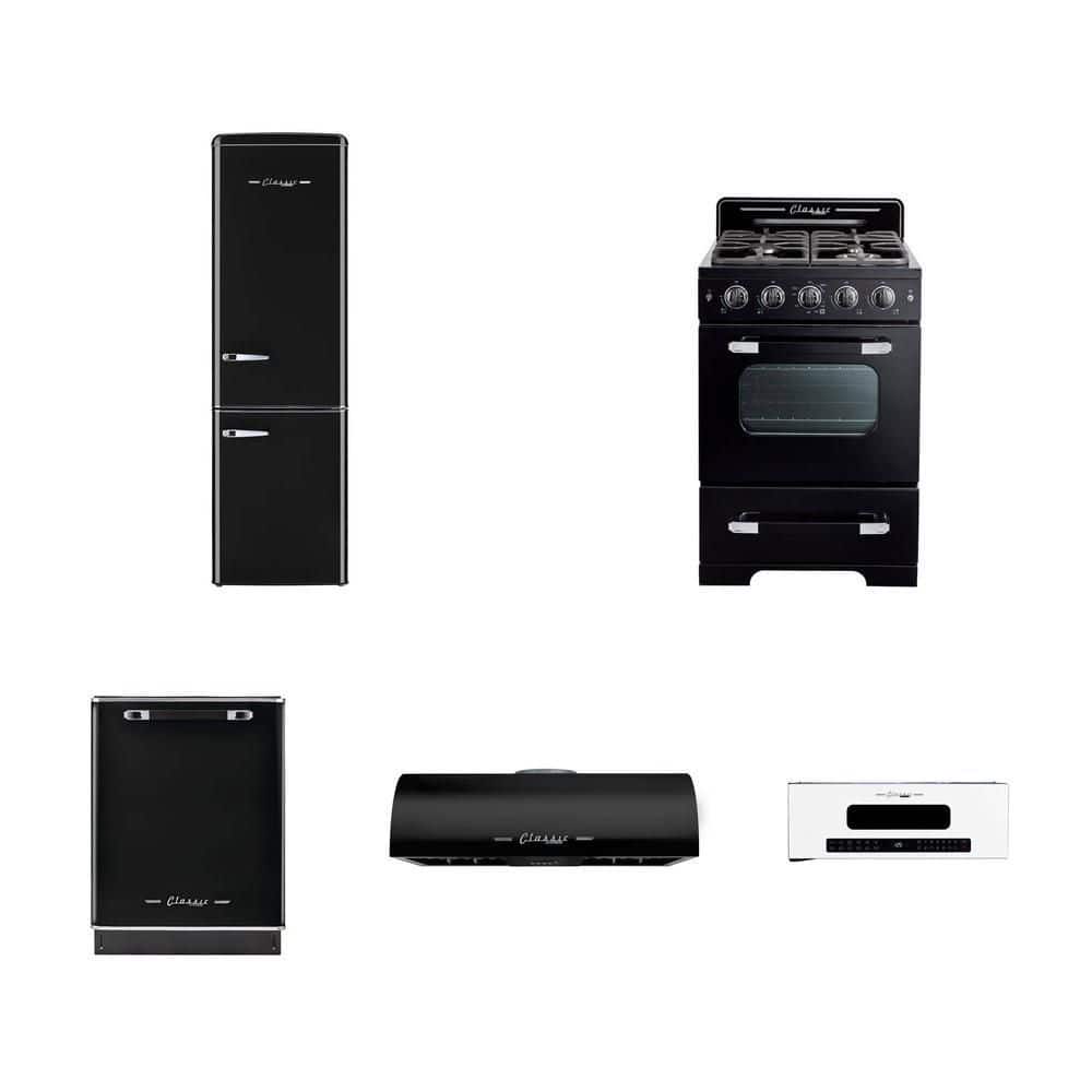 Unique Appliances Classic Retro Midnight Black Appliance Set: 21.6 in. Ref, 24 in. Gas Range, 24 in. Dishwasher, 30 in. Hood, 30 in. Micro