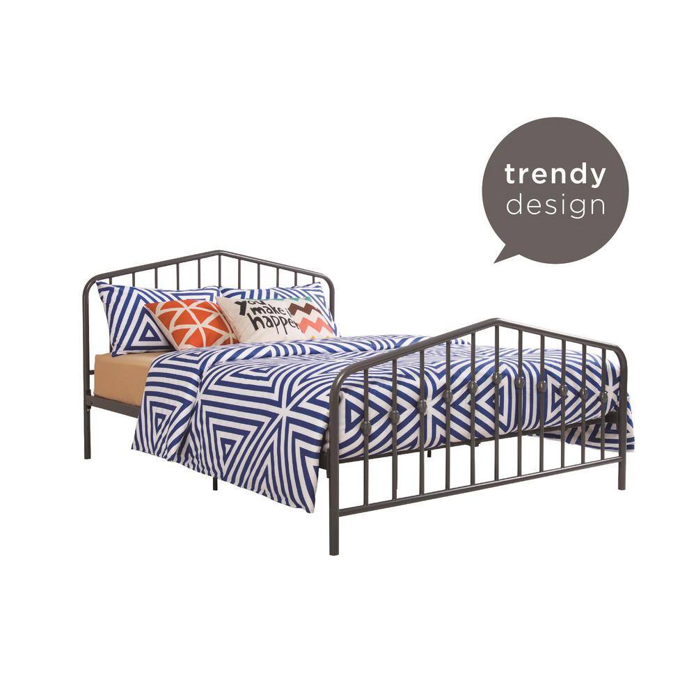 Gray Queen Metal Platform Bed with Headboard and Slats