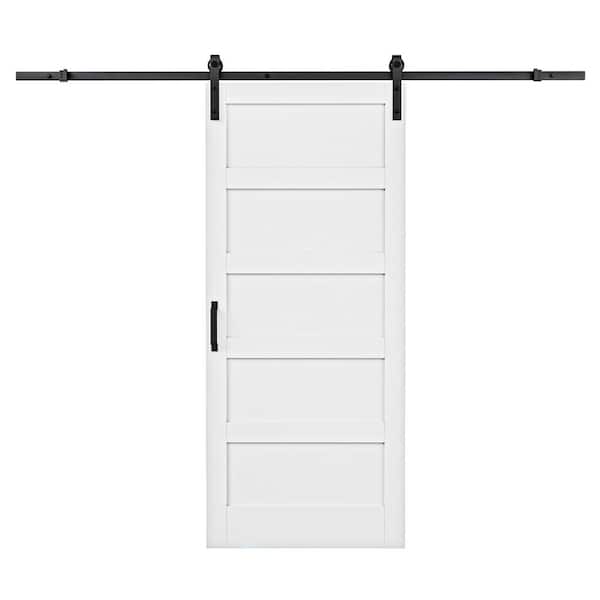 36 in. x 80 in. White 5-Panel Blank Solid Core Composite MDF Wood Primed Sliding Barn Door with Hardware Kit