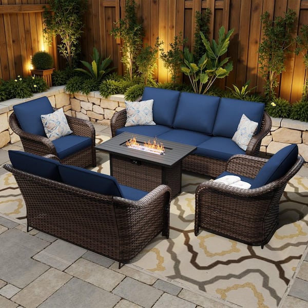 5-Piece Fire Pit Patio Set Wicker Outdoor Patio Conversation Set with Lounge Chairs, Loveseat and Blue Cushions