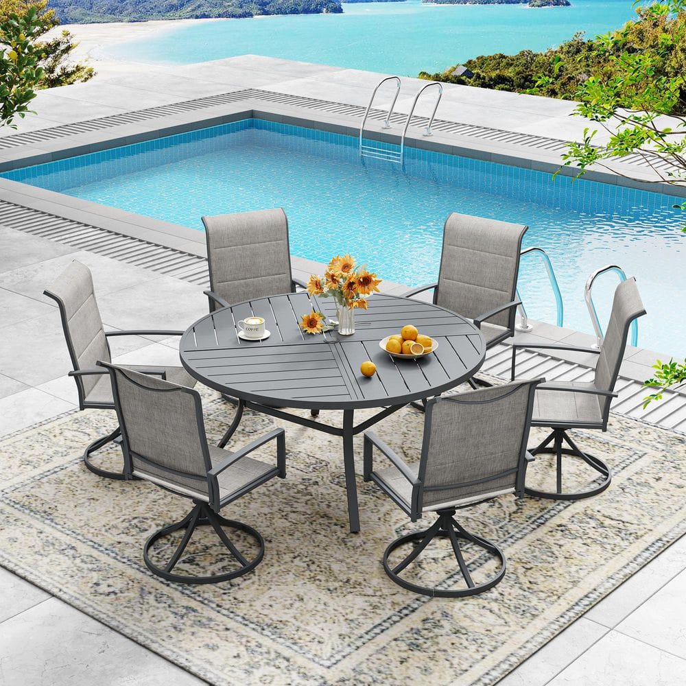7-Piece Metal Textilene Outdoor Patio Dining Set with 50 in. Gray Round Table and 6 Swivel Dining Chairs in Gray price history on PriceWatchPro