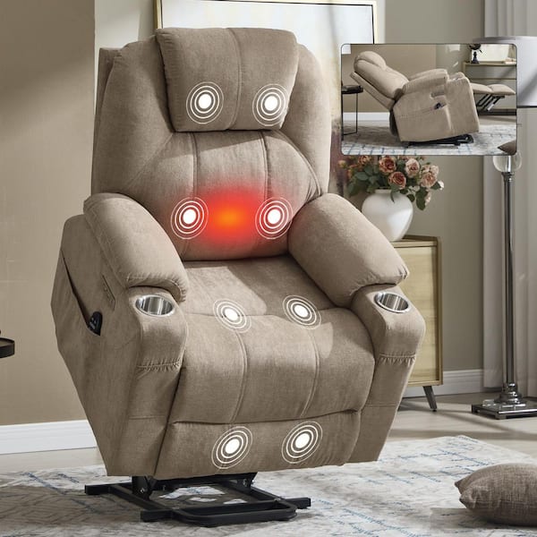 Isidore Khaki Polyester Upholstered Power Lift Recliner Chair with Massage, Lumbar Heat, USB Ports, Cup Holders