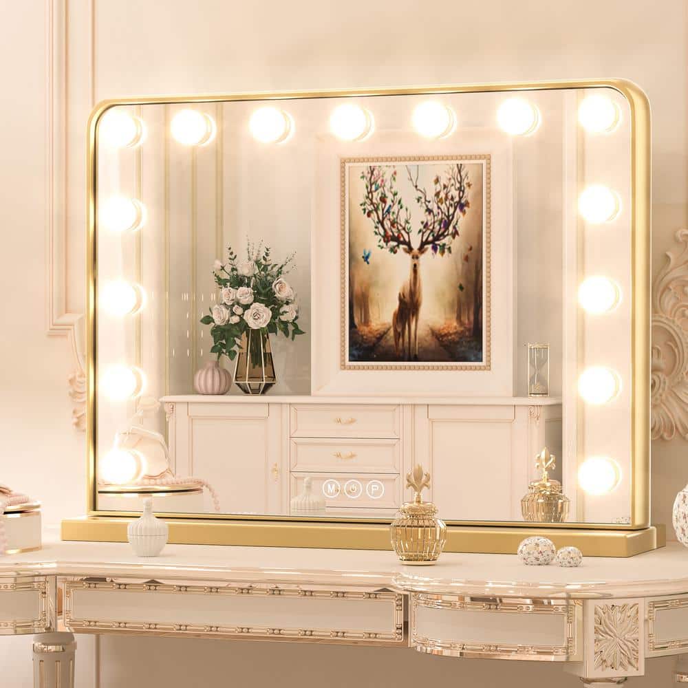 KeonJinn 23 in. W x 18 in. H Large Hollywood Vanity Mirror Light, Makeup  Dimmable Lighted Mirror for Table in Gold Frame HLWJZ-5845gd - The Home  Depot