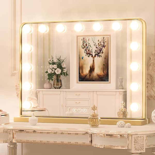 KeonJinn 23 in. W x 18 in. H Large Hollywood Vanity Mirror Light, Makeup Dimmable Lighted Mirror for Table in Gold Frame