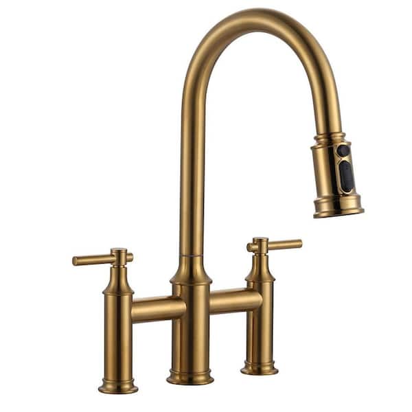 Double Handle Bridge Kitchen Faucet with 3-Mode Pull-Down Spray Head in Gold