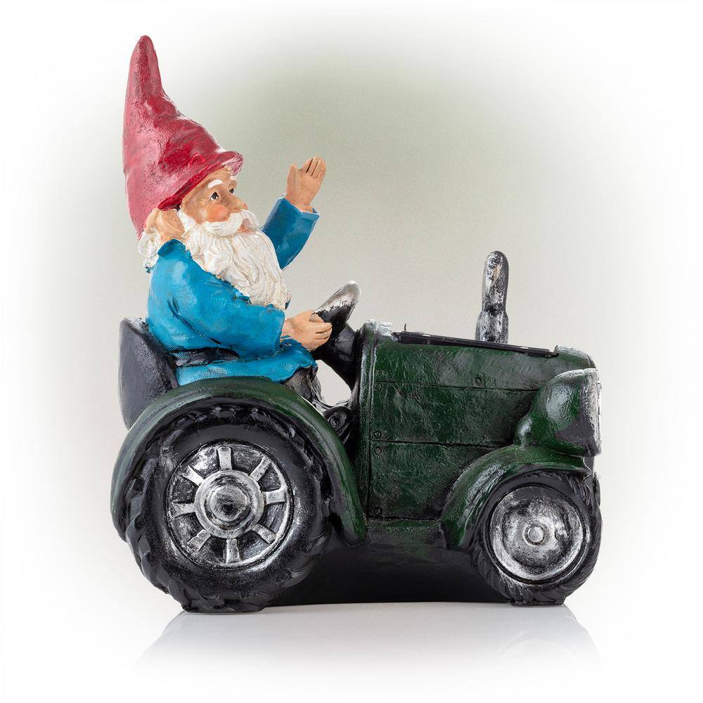 10" Green Polyresin Solar Gnome on Tractor with LED Lights