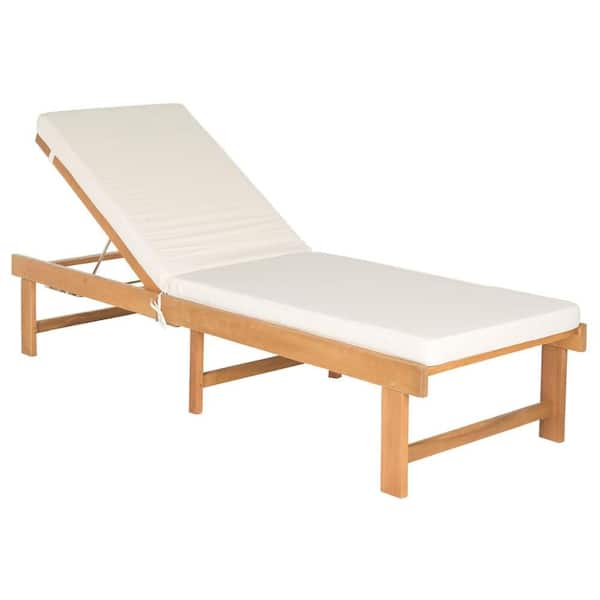 SAFAVIEH Inglewood Teak Brown 1-Piece Wood Outdoor Chaise Lounge Chair with Beige Cushion