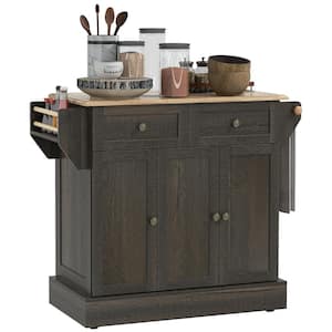 Brown Rubber Wood 43.25 in. W. x 17.75 in. D x 35.75 in. H Kitchen Island w/ Storage and Rolling Kitchen Serving Cart