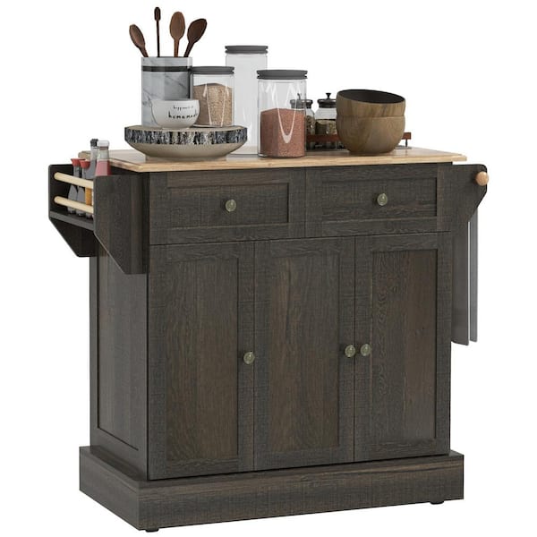 HOMCOM Brown Rubber Wood 43.25 in. W. x 17.75 in. D x 35.75 in. H Kitchen Island w/ Storage and Rolling Kitchen Serving Cart