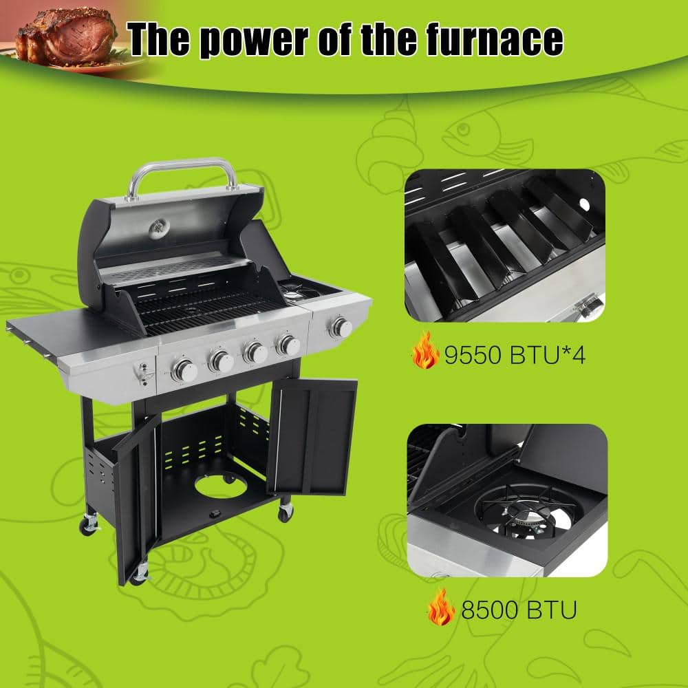 Stainless Steel 4-Burner Propane Gas Grill with Side Burner