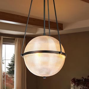 Warrenton 40-Watt 3-Light Matte Black Modern Globe Pendant Light with Clear Grid Glass Globe Bubble