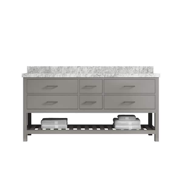 Willow Collections Parker 72 in. W x 22 in. D x 36 in. H Double Sink Bath Vanity in Elephant Gray with 2 in. Carrara Marble Top