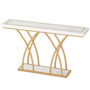 Benjamin 55 in. White Rectangle Particle Board Console Table with Geometric Metal Legs