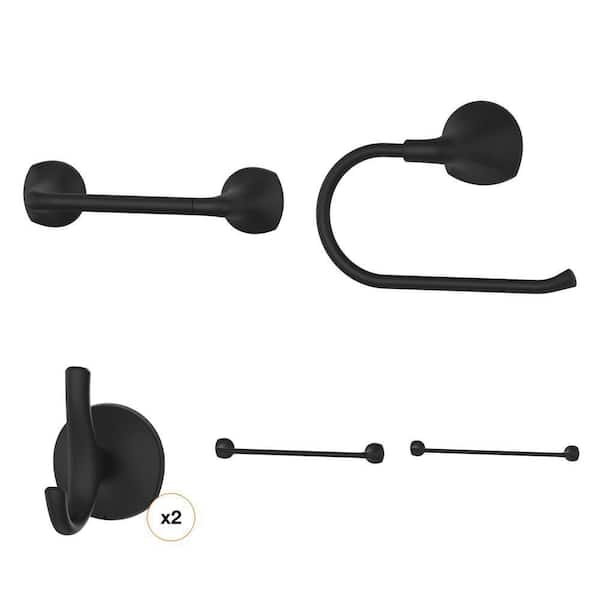 Ladera Matte Black Bath Hardware Set: 18 in. & 24 in. Towel Bars, Towel Ring, Toilet Paper Holder, Robe Hook (5-Piece)