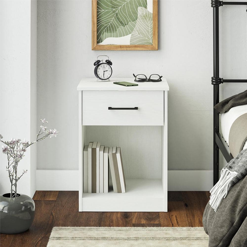 White Laminated Particleboard Nightstand with Drawer and Cubby