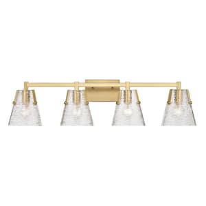 Analia 36 in. 4 Light Modern Gold Vanity Light with Clear Ribbed Glass Shade with No Bulbs Included