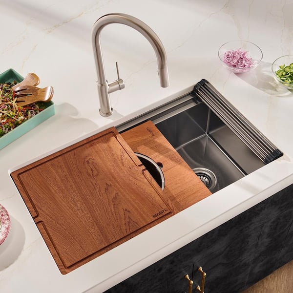 Dual-Tier Pro 34 in. Undermount 16-Gauge Stainless Steel Workstation Kitchen Sink in Gunmetal Black