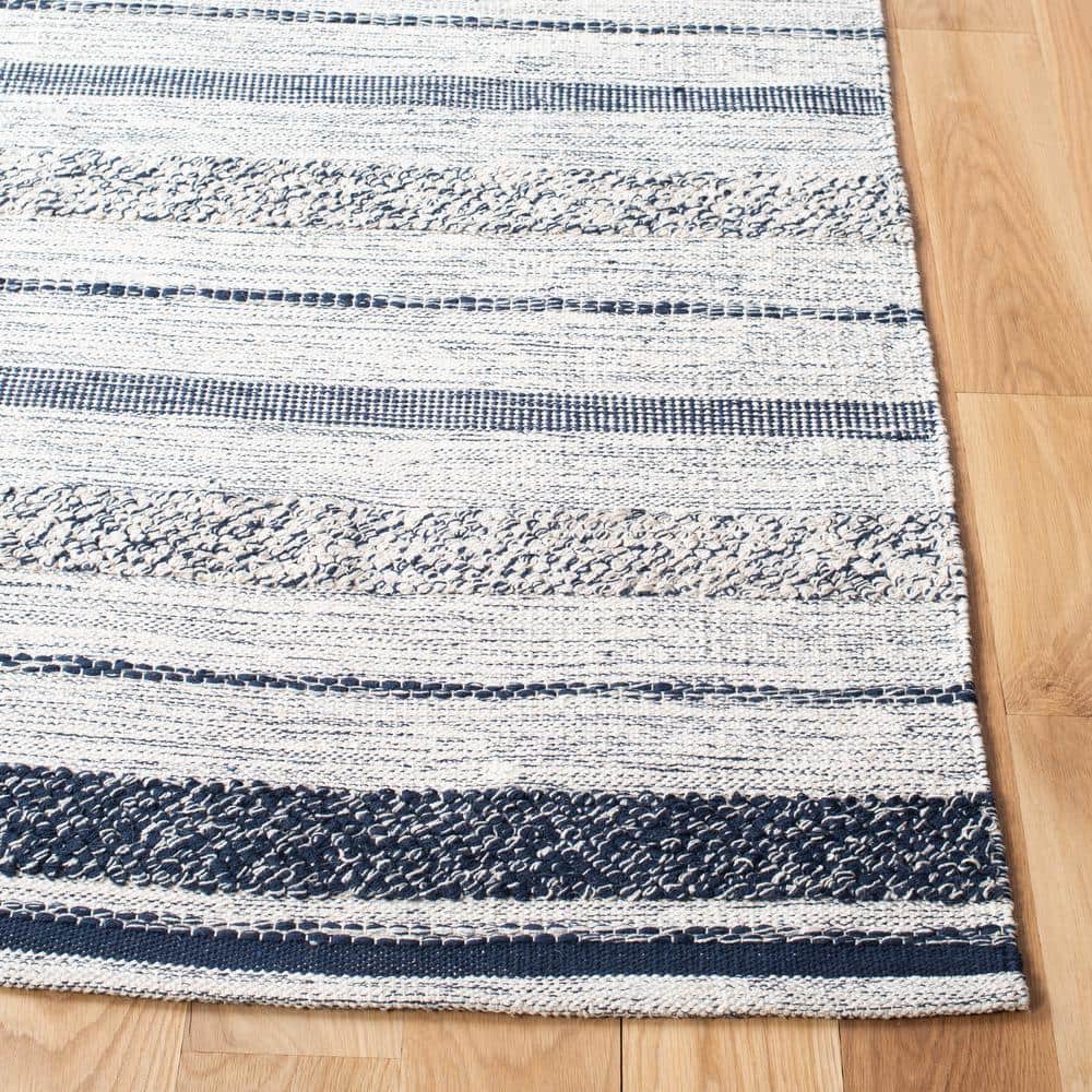 Ivory and Navy Striped Wool Cotton 8' x 10' Area Rug
