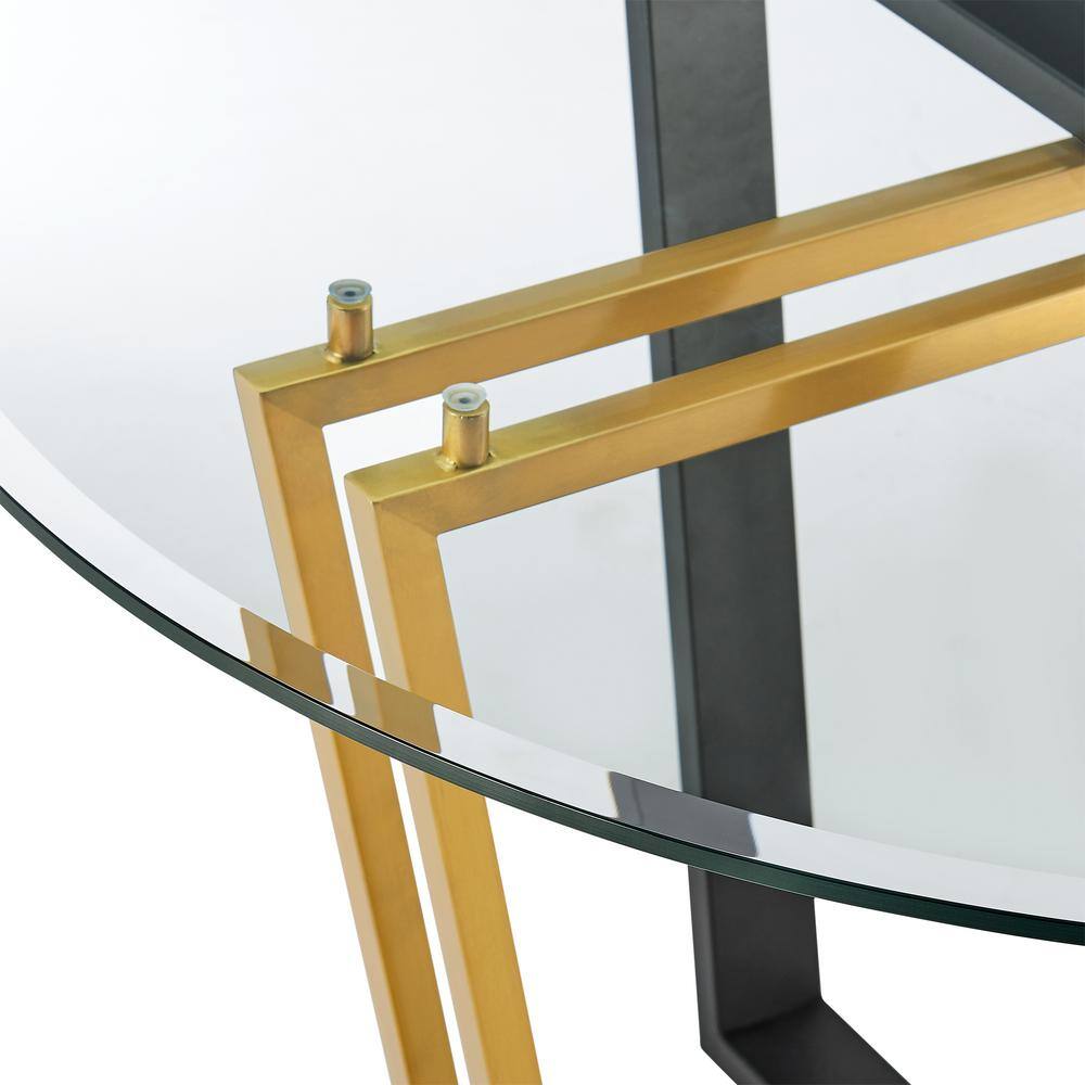 48" Round Glass Top Dining Table with Gold and Black Metal Base