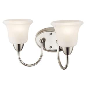 Nicholson 16 in. 2-Light Brushed Nickel Transitional Bathroom Vanity Light with Satin Etched Glass