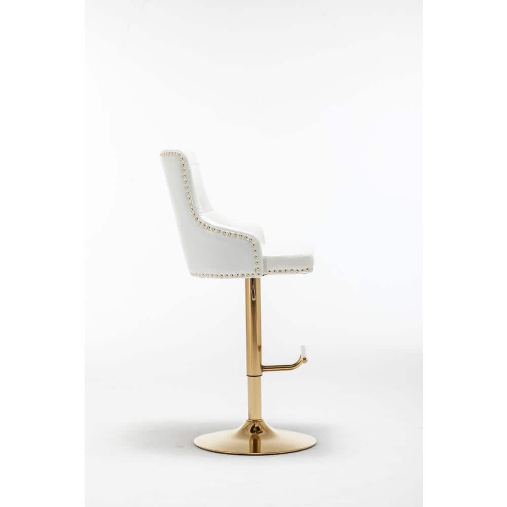 White Tufted Leather Adjustable Swivel Bar Stool with Gold Base