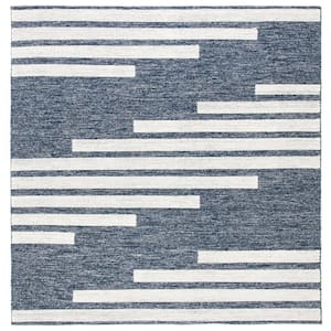 Striped Kilim Navy Ivory Doormat 3 ft. x 3 ft. Abostract Striped Square Area Rug