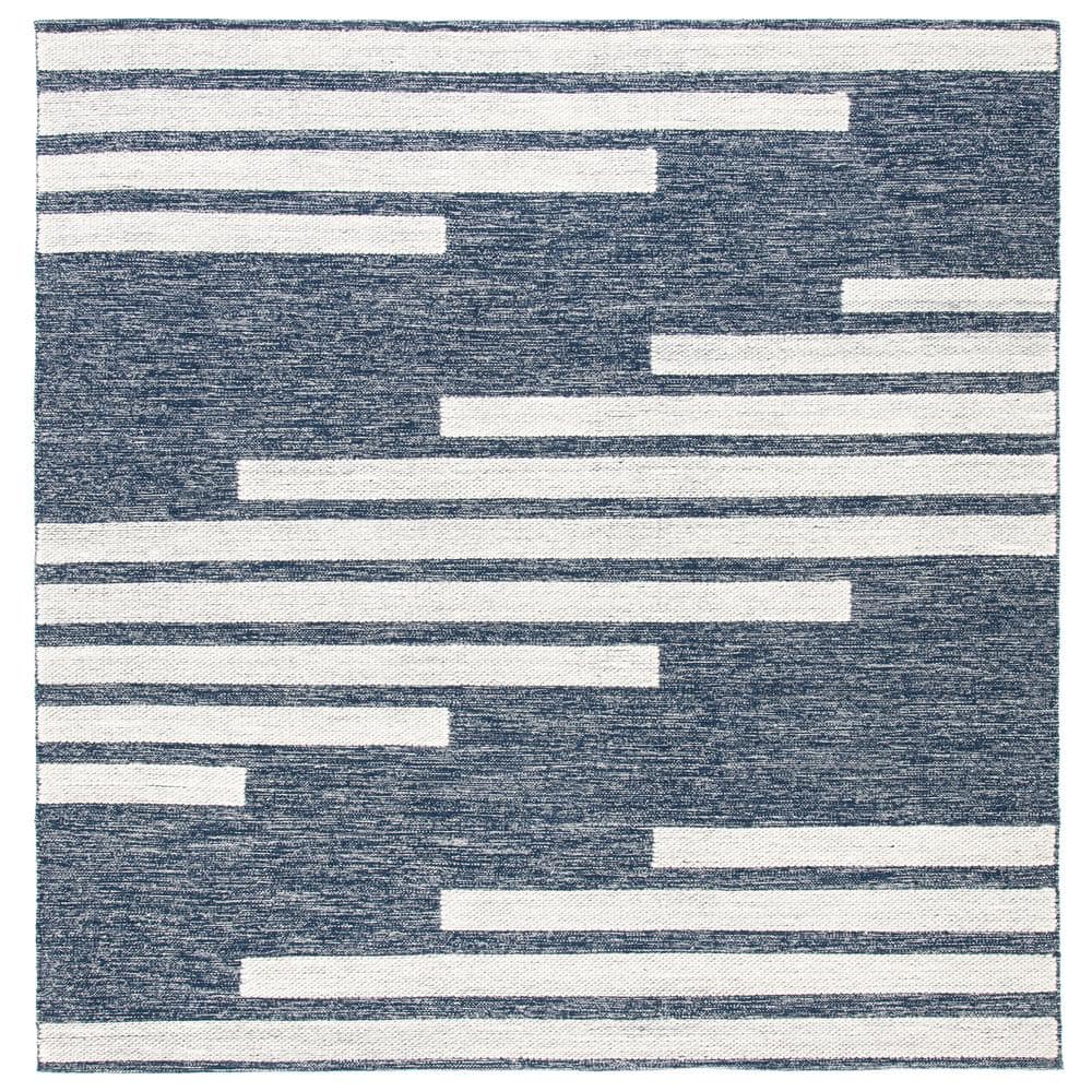 Ivory and Navy Striped Kilim 7' Square Wool-Cotton Rug