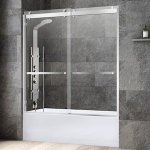 60 in.W x 62 in.H Double Sliding Frameless Tub Door in Brushed Nickel with 3/8 in. (10 mm) Clear Tempered Glass