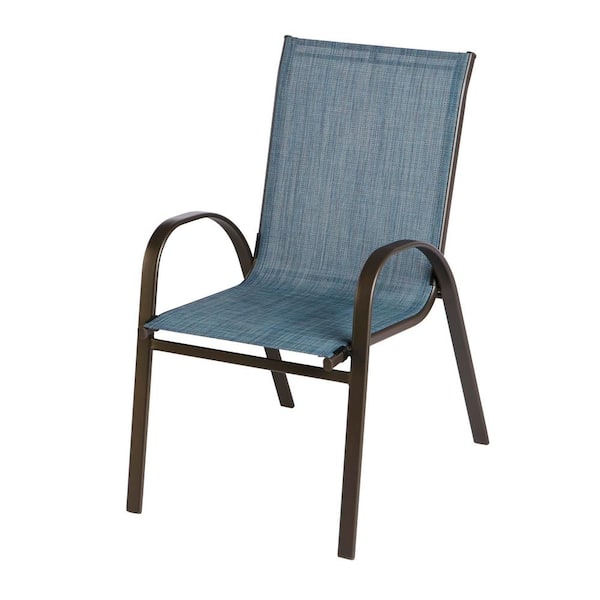 Hampton Bay Mix and Match Stackable Brown Steel Sling Outdoor Patio Dining Chair in Denim