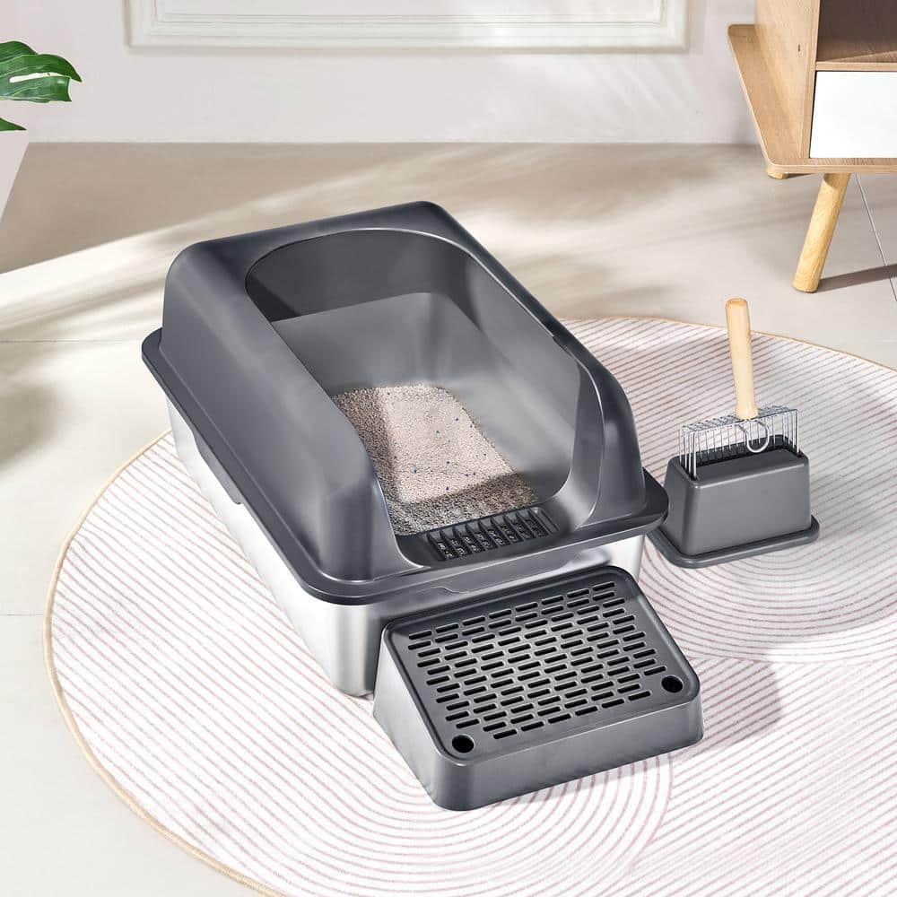 Extra Large Dark Gray Stainless Steel Covered Cat Litter Box with Scoop