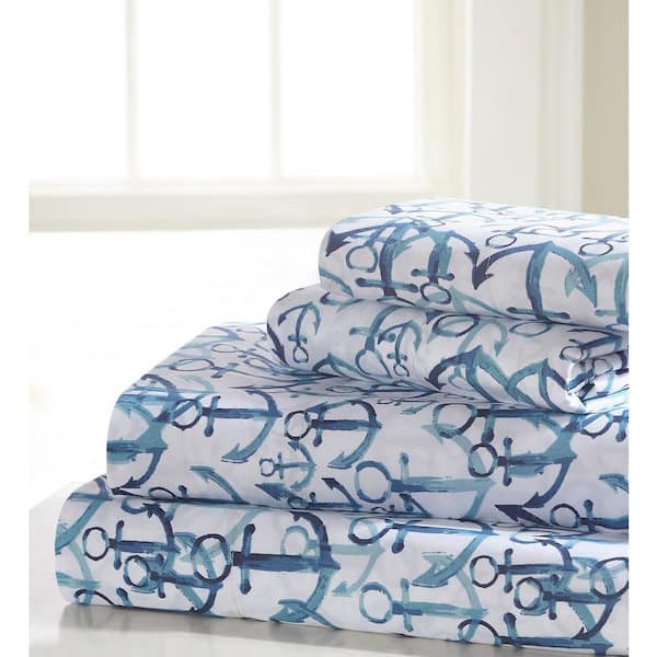 Harper Lane Anchors 4-Piece Blue Overlapping Coastal Microfiber Full Sheet