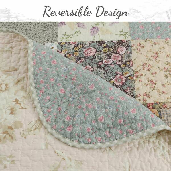 Collections Etc Floral Patchwork Quilt - Scalloped Edge, Neutral Multi Colors, Full/Queen Size