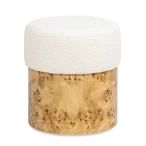 Nebula Round Burl Wood Upholstered Ottoman in Ivory White Boucle