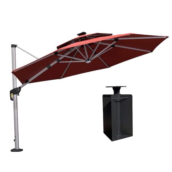 PURPLE LEAF 11 ft. Octagon Aluminum Solar Powered LED Patio Cantilever Offset Umbrella with Base in Ground, Brick Red