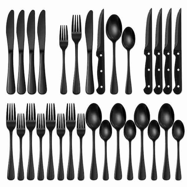 24-Piece Black Silverware Set with Steak Knives, Food Grade Stainless Steel Tableware Cutlery Set, Mirror Finished