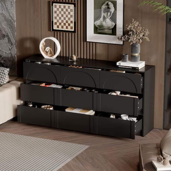 9-Drawer Black Wood Dresser Chest of Drawer Modern Style 31.5 in. H x 63 in. W x 13.7 in. D, Arch Shaped