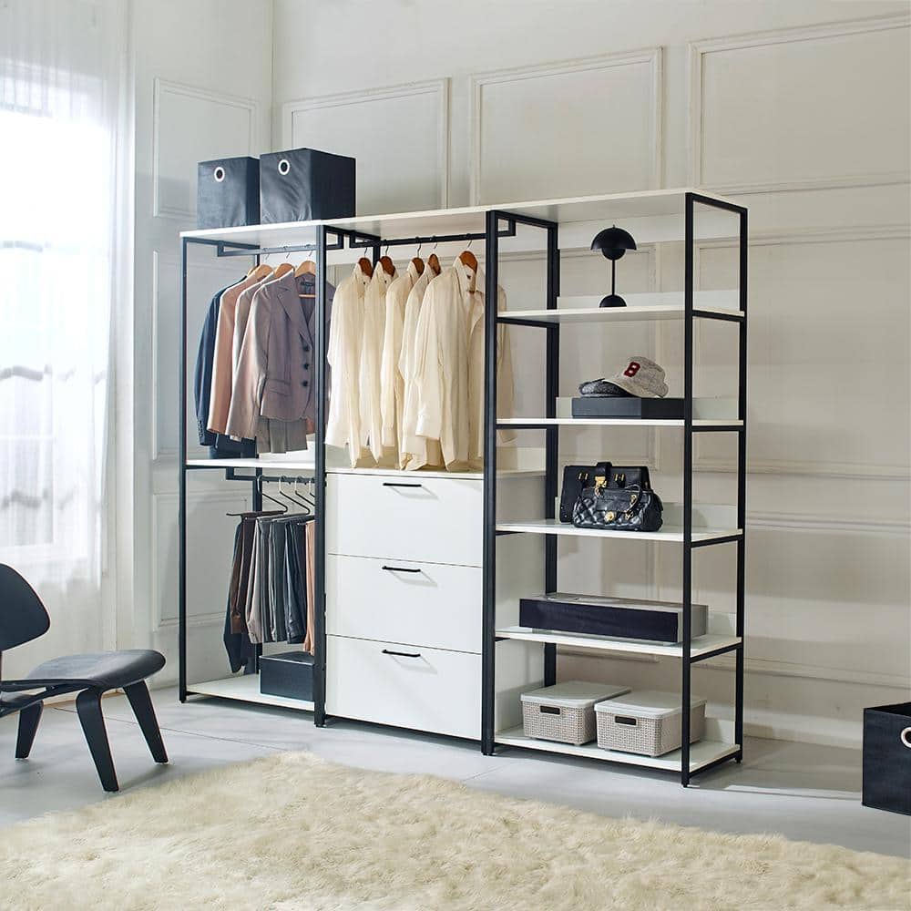 Fiona 96 in. White and Black Freestanding Closet System with Drawers