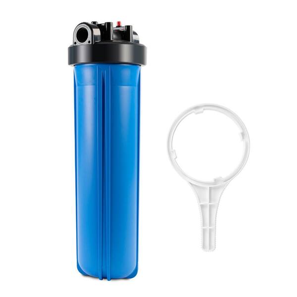 Whole House Water Filtration System Transparent Big Blue Housing Pressure Relief Button 1 Inlet/Outlet Brass Ports 20 Meets NSF Standards & Regulations 5 Mic Activated Carbon Block Cartridge