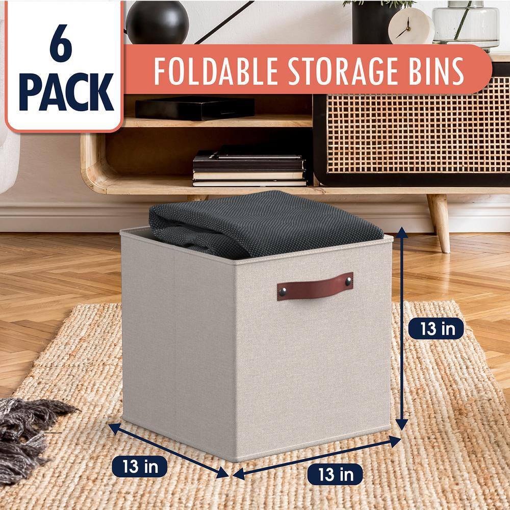 Beige Linen Foldable Storage Cubes with Leather Handles, Set of 6