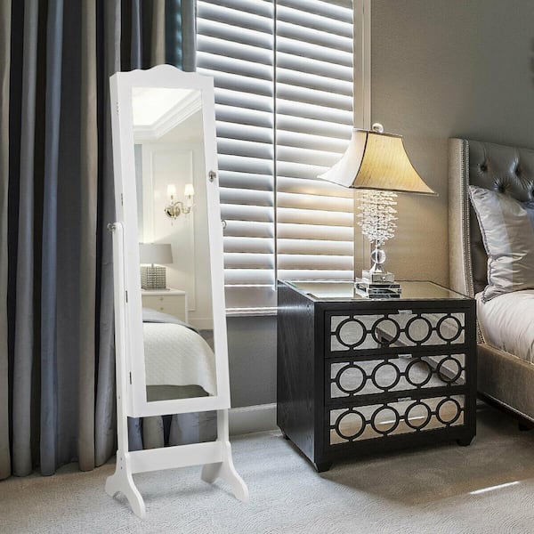 63 in. H x 14.5 in. D x 16.5 in. W Mirrored Jewelry Cabinet Armoire Storage Organizer with Drawer and LED Lights White