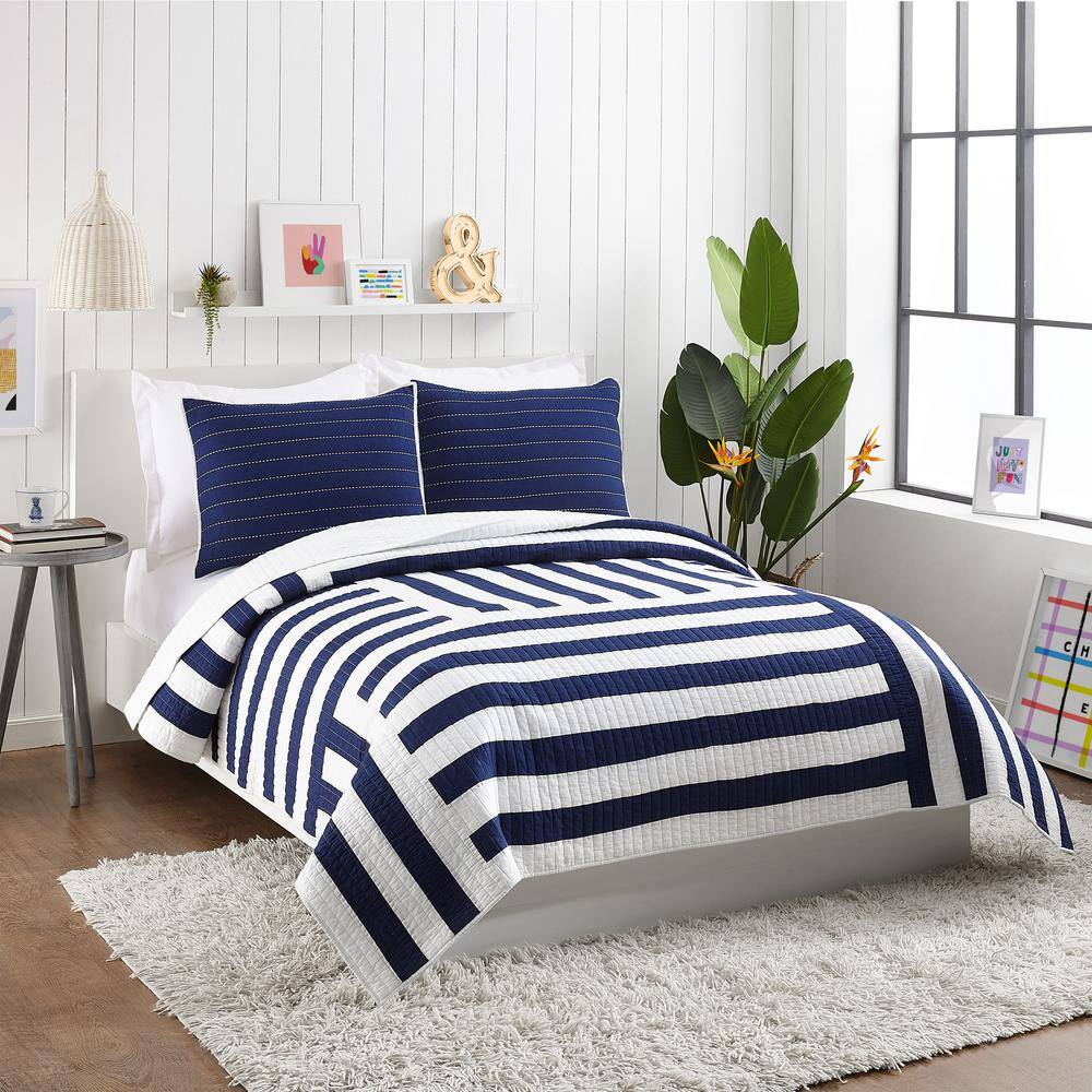 MAKERS COLLECTIVE BLOCK STRIPE BLUE KING COTTON QUILT SET 3 PIECE BY ...